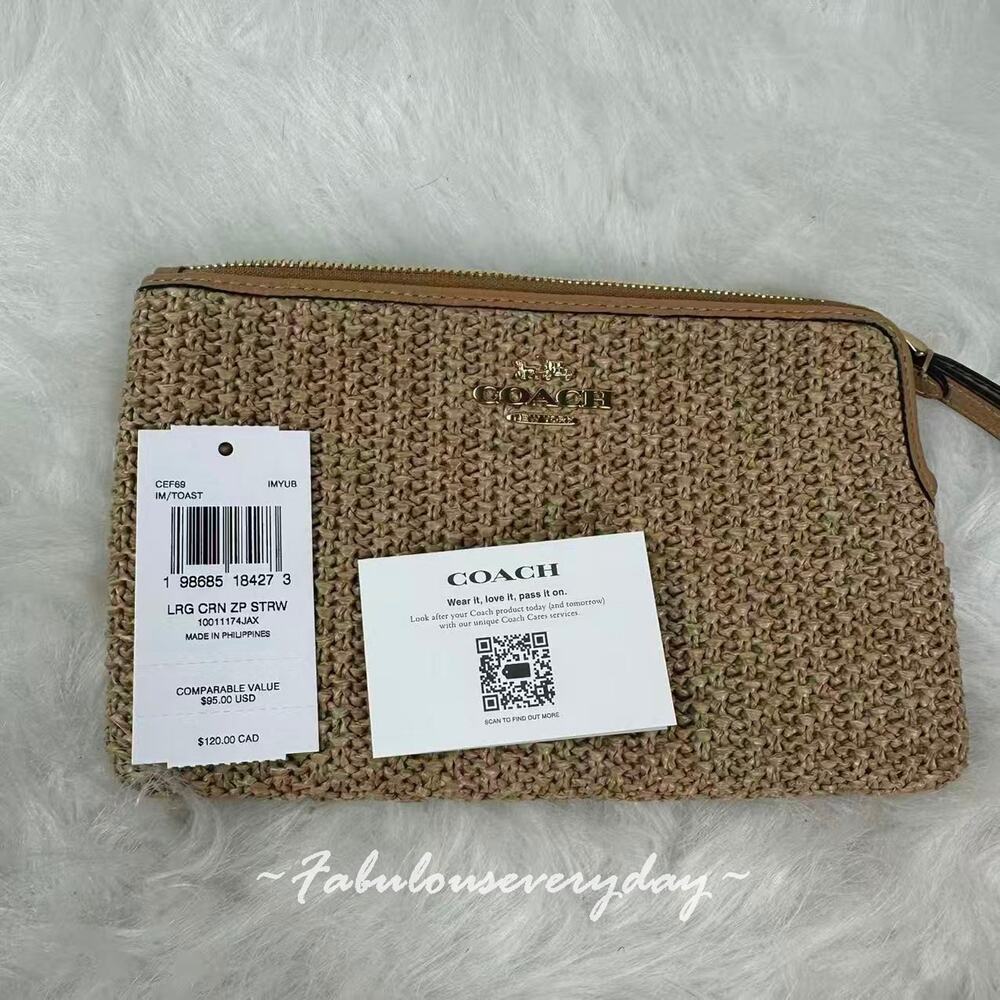 Coach Large Corner Zip Wristlet CEF69 Gold/Toast Straw Leather NWT - Picture 3 of 5